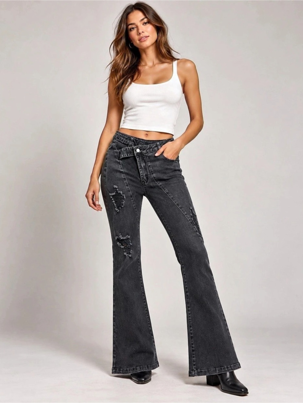 SHEIN Womens 28 Black Distressed Flare Jeans Crossover Waist Stretch Y2K Denim